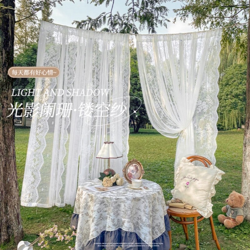 蕾丝窗帘田园纱帘免打孔卧室飘窗门帘遮挡帘防紫外线新遮光阳台