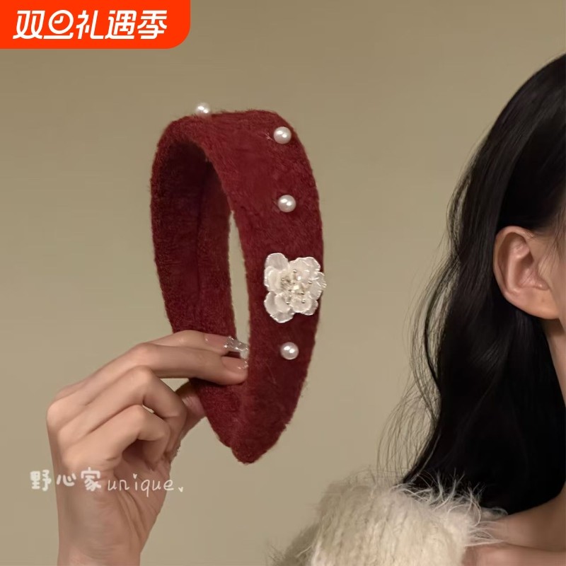 JUNWEI原创【丝绒初绽】新年氛围感山茶花发箍高颅顶气质头箍发