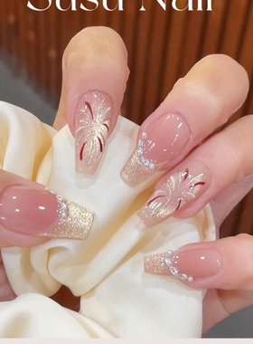 美甲穿戴甲中长款秋冬显白烟花法式猫眼贴片红色粉色蝴蝶结椭圆