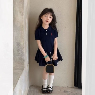女童夏季法式针织短袖薄款上衣新款polo衫休闲刺绣时尚洋气上衣