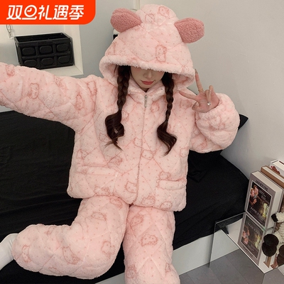 睡衣女款2025新款秋冬季三层夹棉