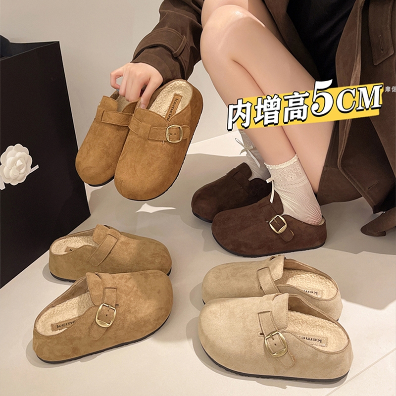 厚底内增高加绒勃肯鞋包头半拖鞋女外穿2025新款秋冬毛毛拖鞋棉拖