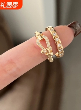 扭纹马蹄戒指女玫瑰金18k轻奢ins不掉色麻花情侣指环黄金白金