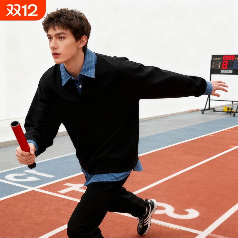假两件衬衫领卫衣男春季装加肥加大码潮上衣外套加绒白色黑色灰色