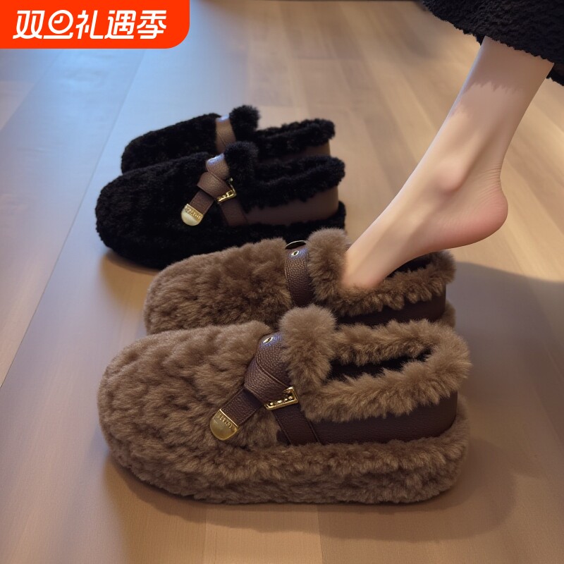 羊羔绒毛毛鞋女秋冬新款外穿厚底加绒懒人舒适美棕色豆豆棉鞋平底