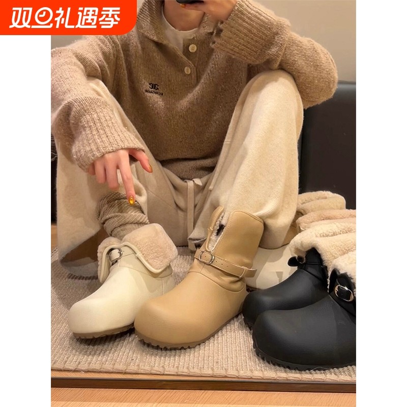 两穿加绒加厚雪地靴女2025冬季新款防滑短靴毛毛勃肯鞋保暖面包鞋