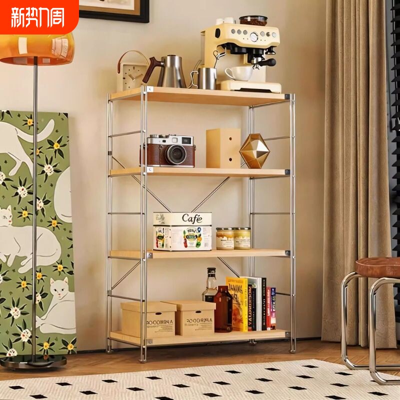储物架货架家用零食收纳架客厅展示架原木风置物架钢木落地原木色