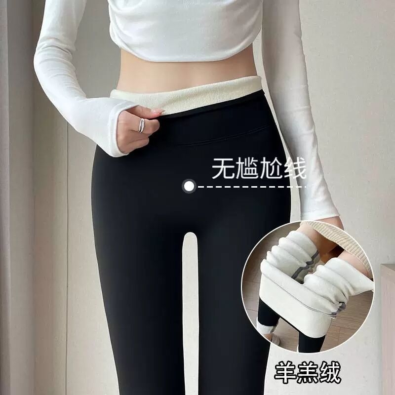 女裤子鲨鱼裤运动高腰外穿内搭裤收腹羊羔绒灰色薄绒曲线瑜伽黑色