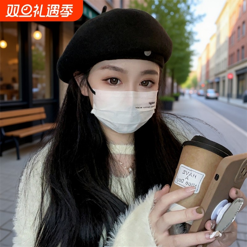 帽子女秋冬季黑色气质小圆标显脸小保暖百搭时尚小香风贝雷画家帽