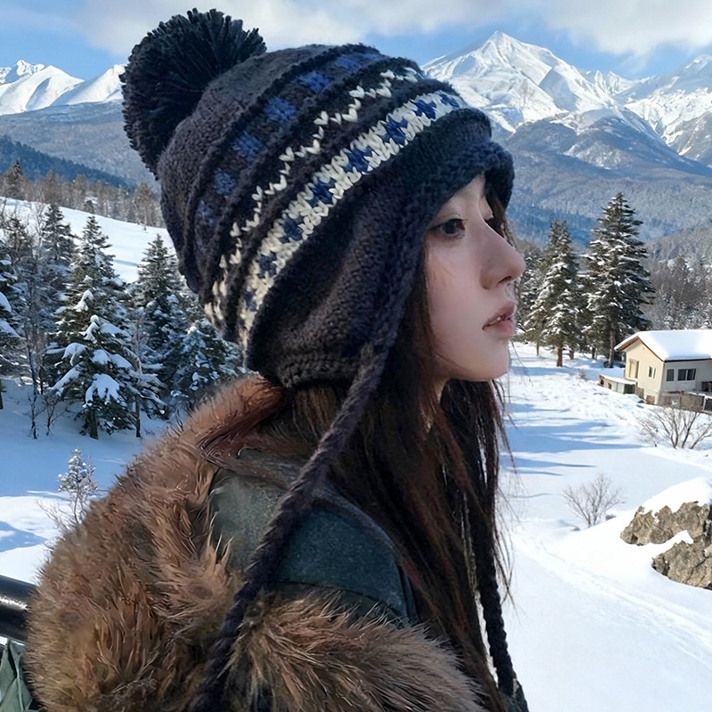 费尔岛针织毛线帽女秋冬加绒加厚保暖帽子东北防寒骑车护耳雷锋帽