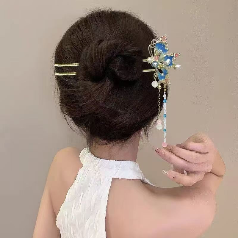 精致中式蝴蝶流苏发簪女新款古风步摇流苏盘发簪子日常高级感发钗