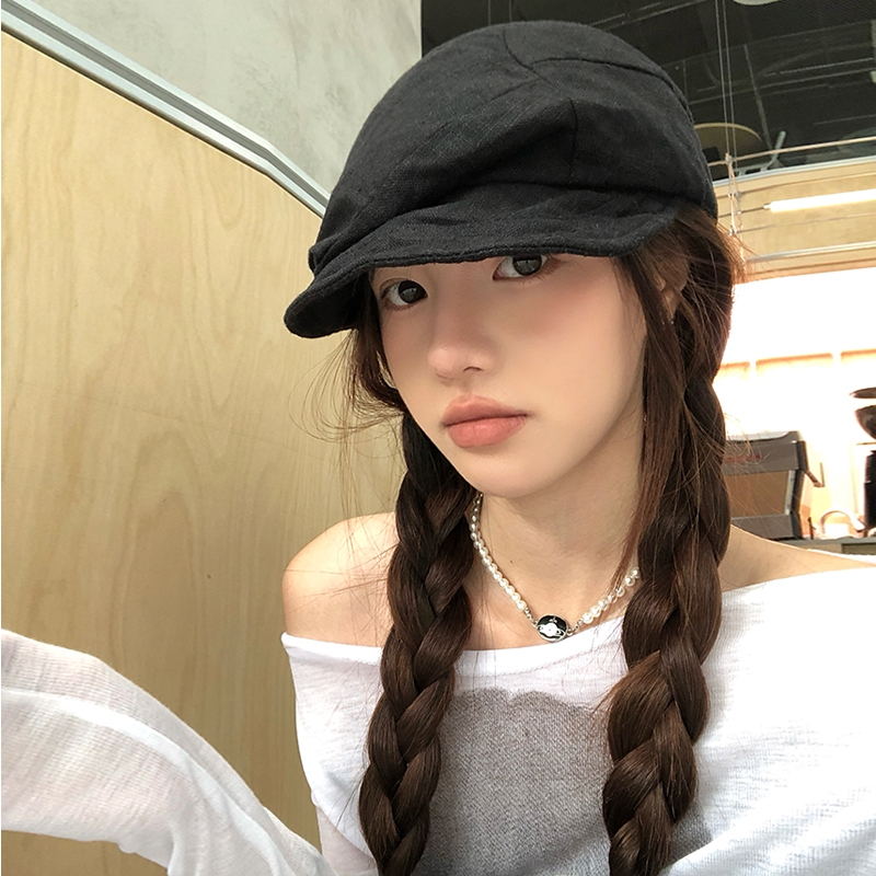 日系小众复古棉麻褶皱云朵贝雷帽女春秋显脸小报童帽八角画家帽子