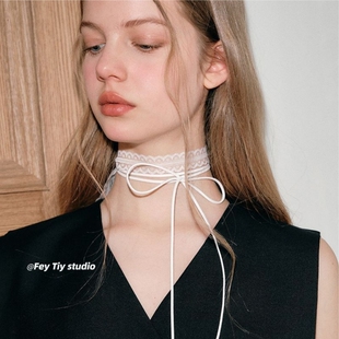 叠戴层次感设计白色蕾丝飘带女春夏百搭细窄长条丝巾锁骨颈带项链