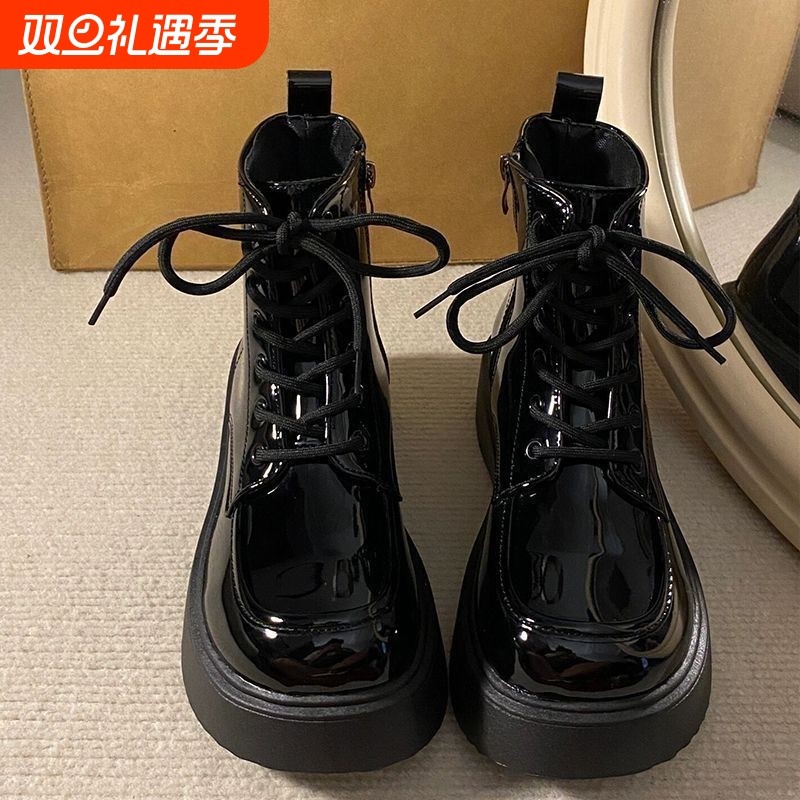 漆皮短靴马丁靴女25秋冬新款ins英伦风厚底增高爆款加绒圆头系带