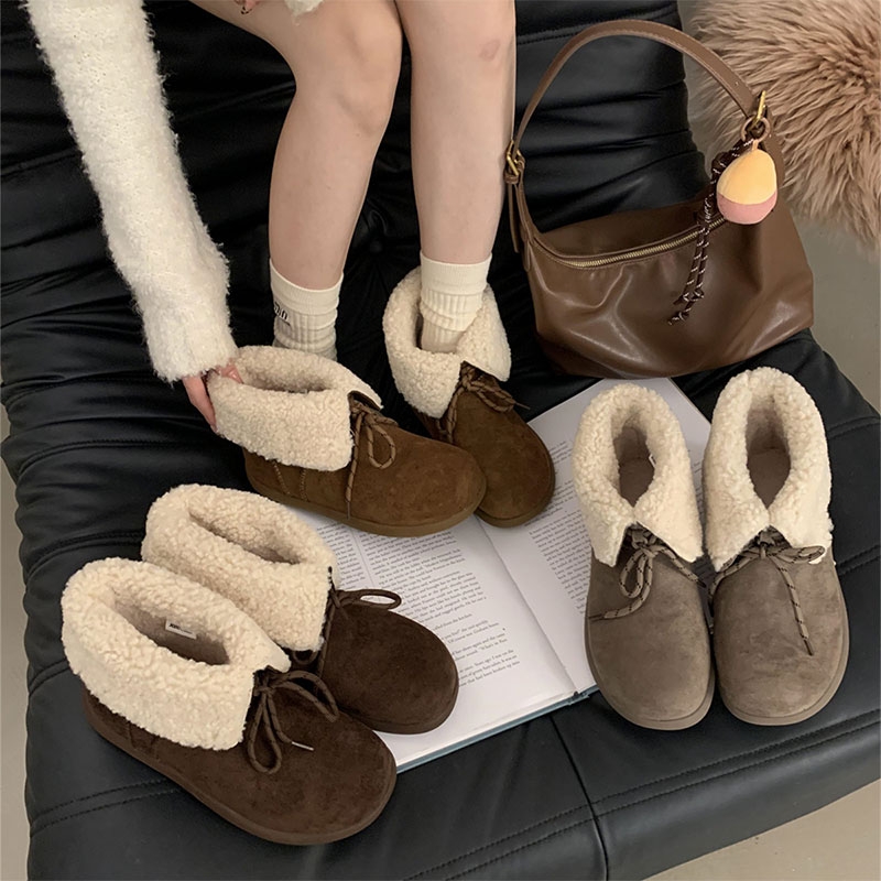 小土豆增高厚底圆头雪地靴女翻领系带丑萌勃肯短靴加绒保暖毛毛鞋