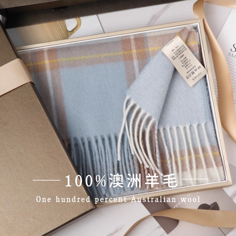 100%澳洲wool纯羊毛围巾女冬季高级感新款英伦风格子围脖生日