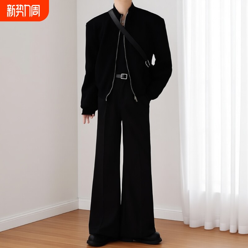 高级感微喇叭西裤男秋冬季直筒宽松垂坠感阔腿休闲西装长裤子黑色