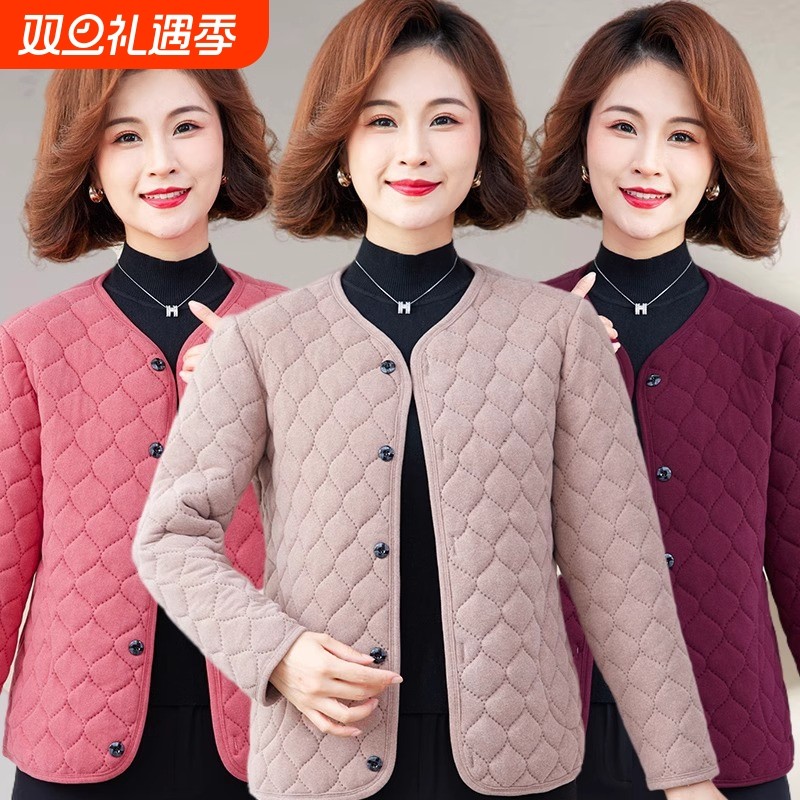 中年妈妈春秋德绒保暖棉衣薄中老年人女秋冬薄款小棉袄开衫棉服
