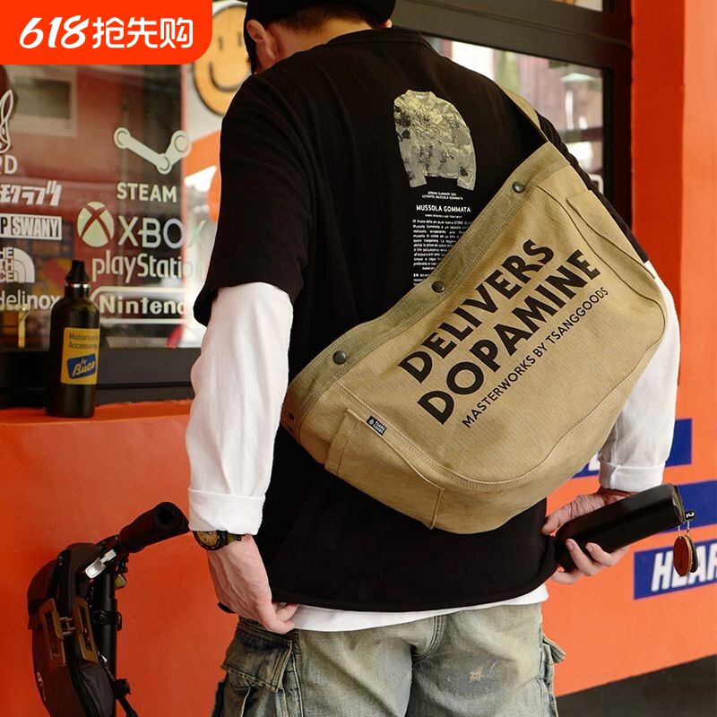 新款时尚帆布包斜挎包美式复古大容量单肩包托特运动风骑行包休闲
