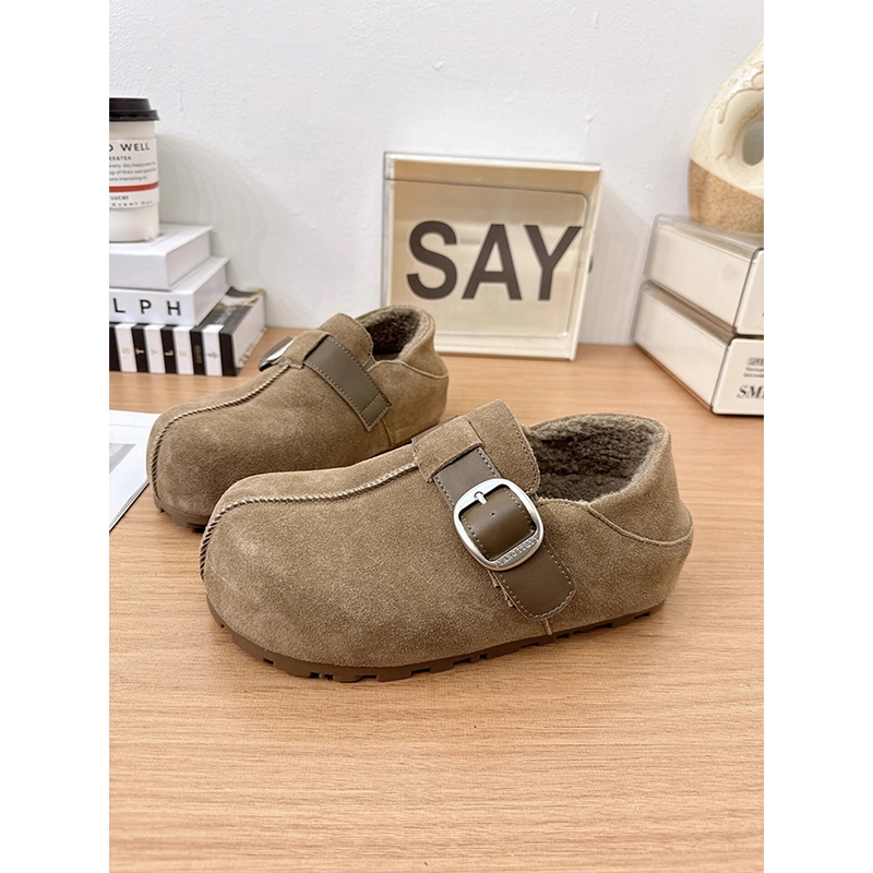 厚底增高加绒勃肯鞋女2025秋冬新款一脚蹬保暖穆勒鞋棉鞋毛绒咖色