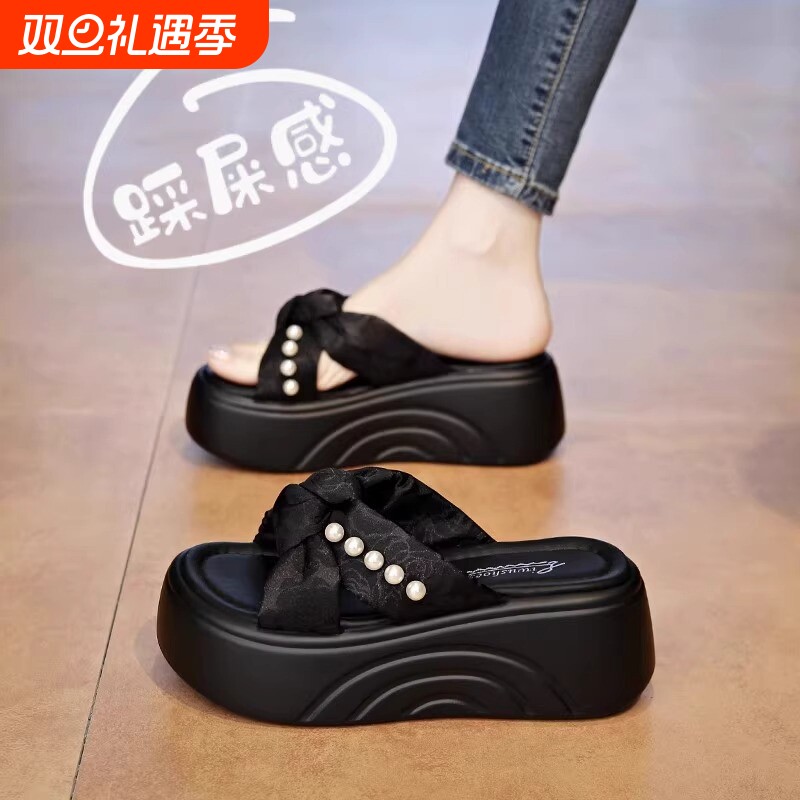 厚底凉拖鞋女夏时尚2025新款香港增高凉鞋外穿松糕一字拖鞋黑色