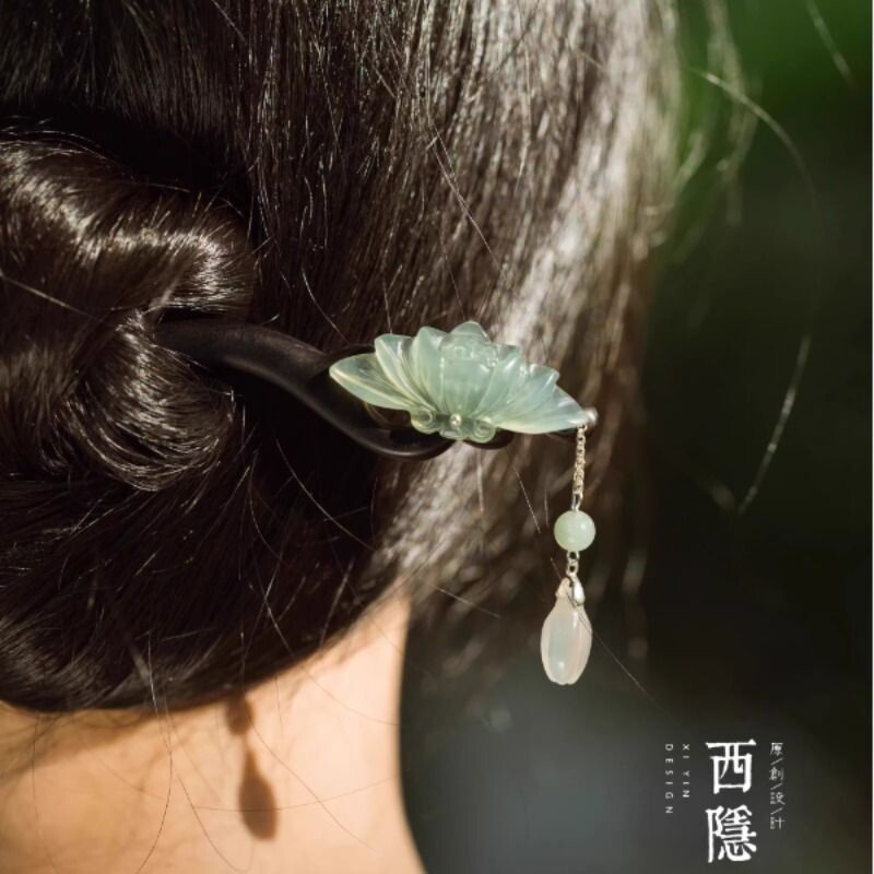 2025十里桃花冰莲黑檀木发簪子高级感古风新中式盘发旗袍