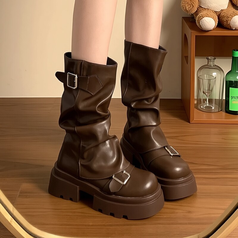 棕色厚底增高马丁靴女2025年新款春秋冬季复古美中筒靴子圆头中跟