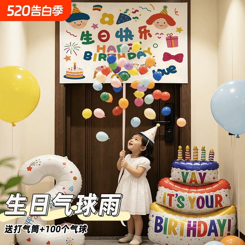 生日气球场景布置装饰雨瀑布儿童派对仪式感小女孩周岁氛围背景布