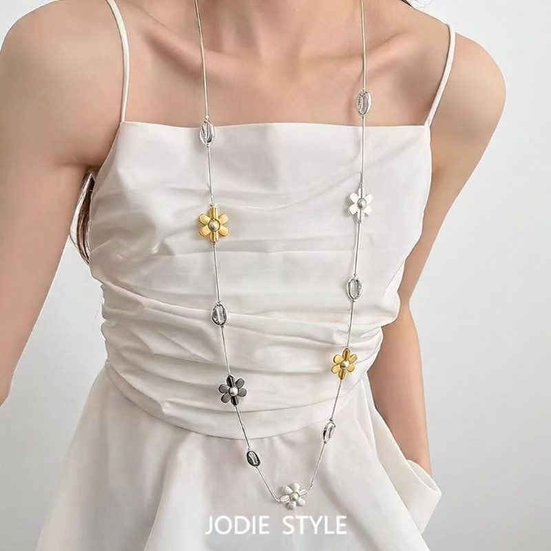 项链撞色时尚时髦金属花朵韩国拼接长款多用精致女设计ins毛衣链