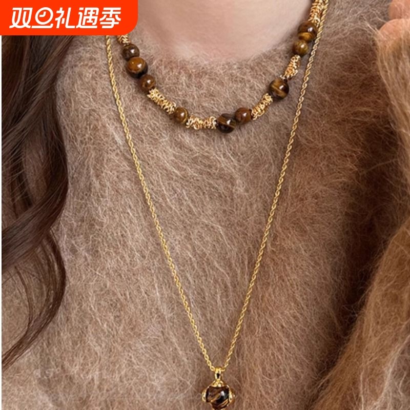 复古气质美拉德虎眼石款吊坠项链女秋冬长款毛衣链高级感颈链爱心