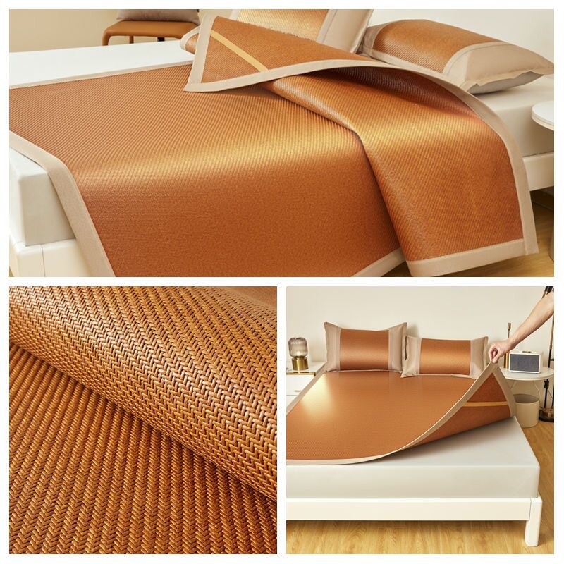 夏季凉席藤席三件套午休床可折叠学生宿舍加厚双面席子冰丝席软席