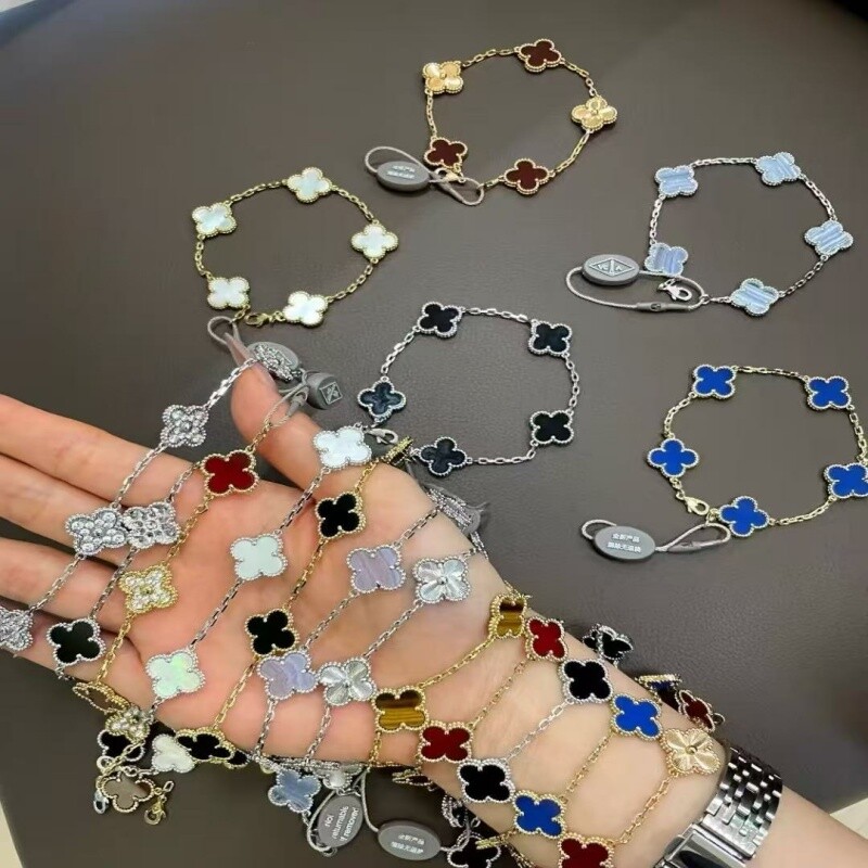 适用于梵克五花手链女四叶草红蓝玉髓幸运草熊猫间钻情侣手饰礼物