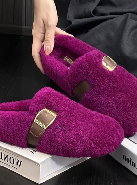 羊羔绒毛毛拖鞋女外穿包头半拖鞋丑萌鞋秋冬加绒保暖加棉毛绒黑色