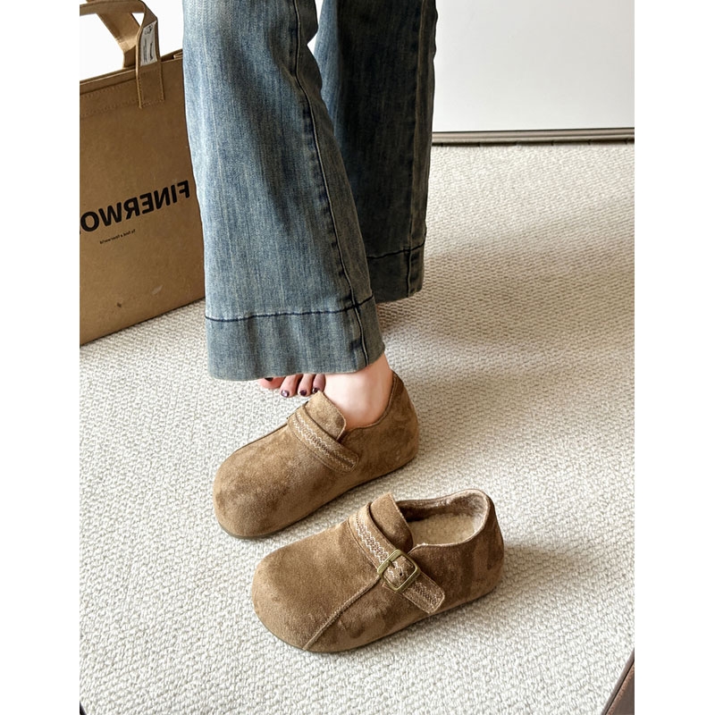 厚底内增高加绒勃肯鞋女2025秋冬新款豆豆乐福鞋一脚蹬博肯棉鞋子