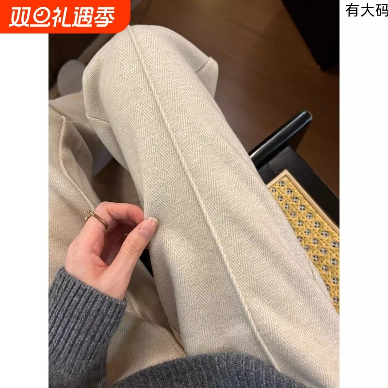 毛呢阔腿裤女秋冬季加绒加厚垂感高腰小个子休闲裤窄版直筒裤大码