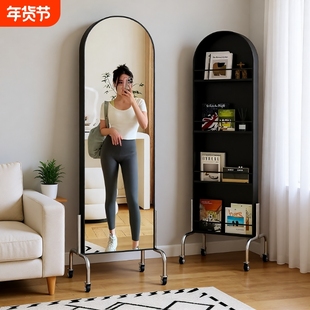 全身镜可移动镜子中古风收纳杂志架落地书报展示置物架旋转穿衣镜