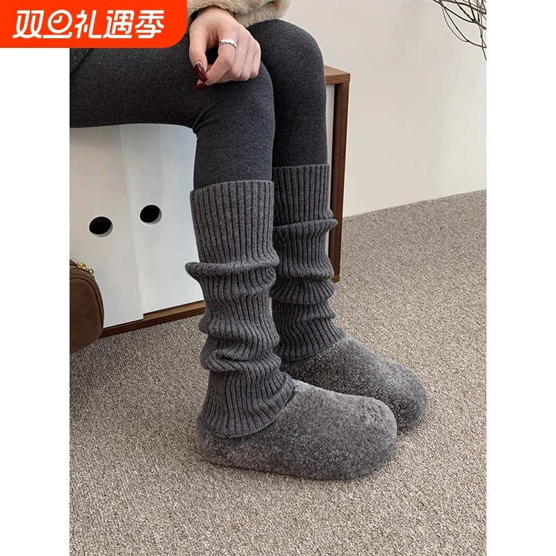灰色毛毛鞋女外穿内增高厚底勃肯拖鞋冬季新款一脚蹬加绒保暖棉鞋