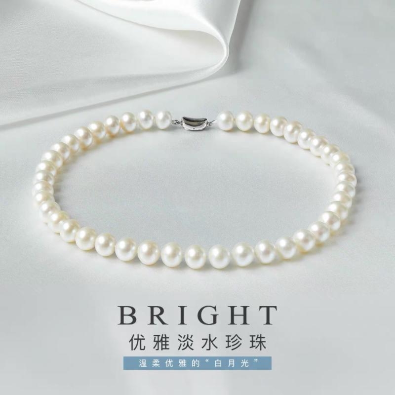 诸暨淡水珍珠项链S925银近圆强光颈链优雅女人气质全珠链节日礼物