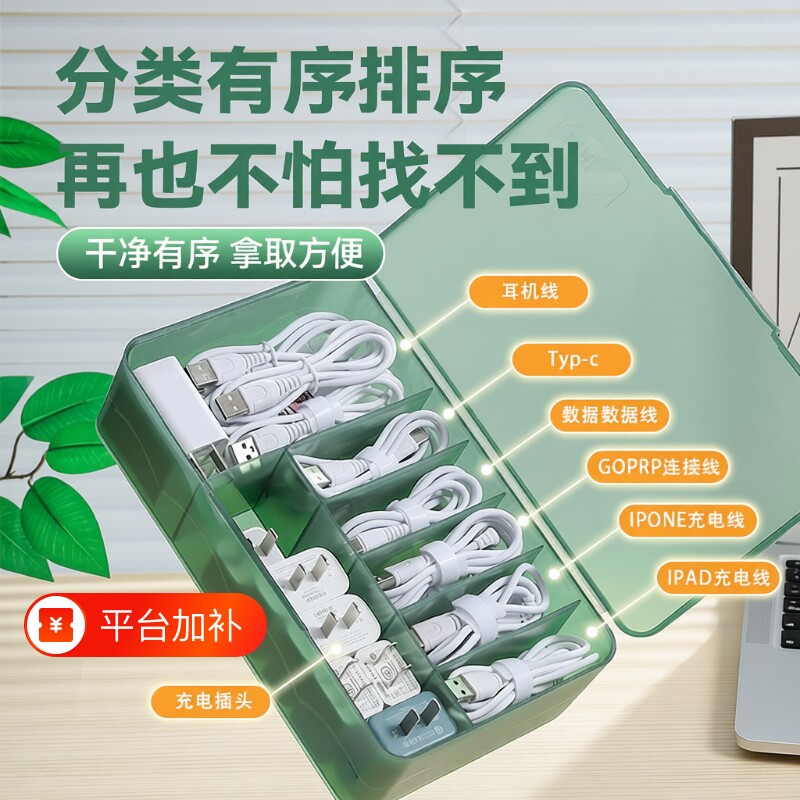 手机数据线桌面充电器透明收纳盒电线理线整理包收纳整理神器带盖