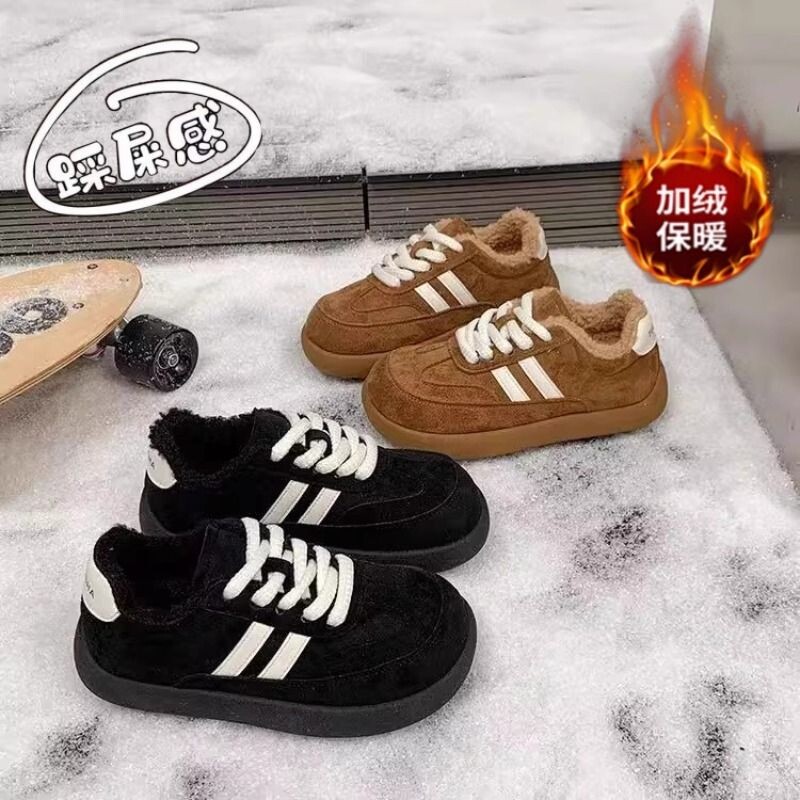 加绒板鞋女秋冬季2026新款厚底百搭大头运动休闲鞋丑萌鞋子女黑色