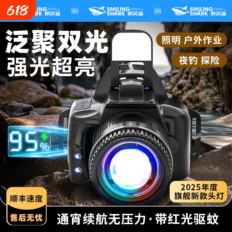 微笑鲨2025新款变焦头灯钓鱼专用头戴式强光充电超亮户外感应赶海