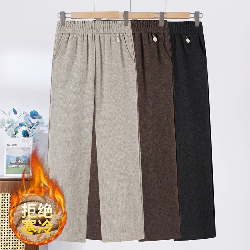 中年妈妈春季裤子女冬季加厚宽松保暖阔腿裤中老年人奶奶毛呢棉裤