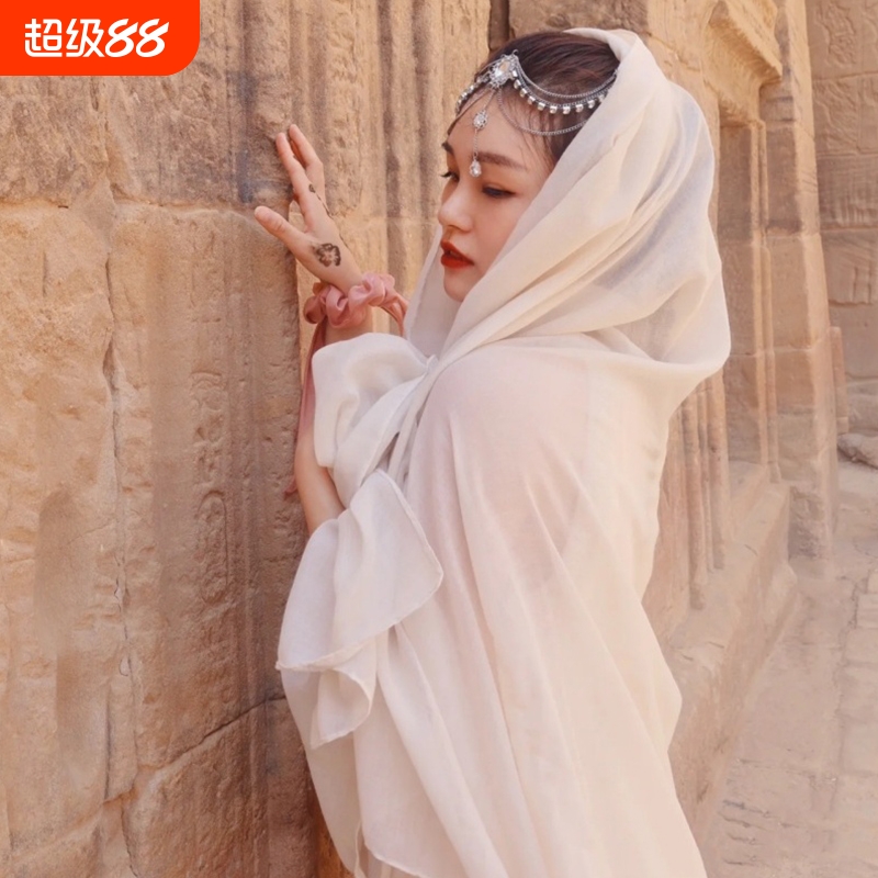 防晒丝纱巾迪拜清真寺沙漠旅游拍照头巾棉麻民族风披肩围巾女流苏