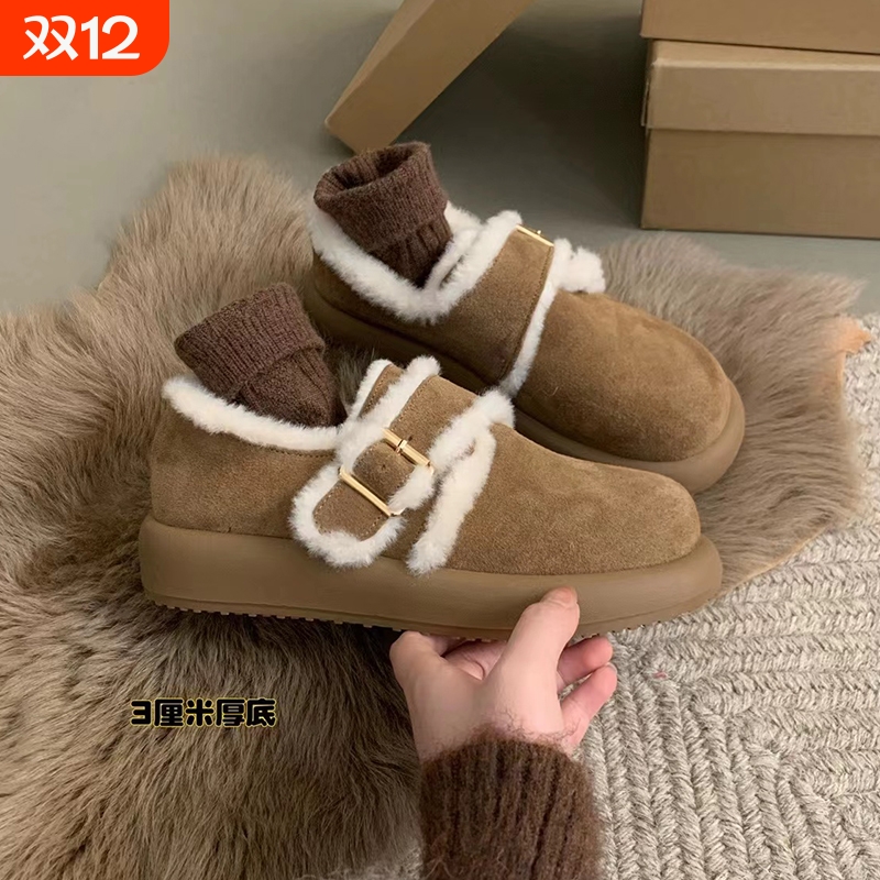 厚底软皮勃肯鞋女加绒洋气复古一脚蹬棉鞋毛毛鞋女冬外穿乐福鞋子