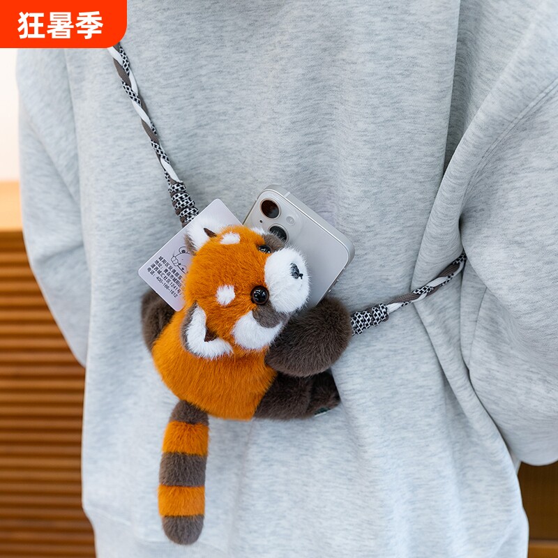正版大小熊猫卡通手机背夹挂绳毛绒水獭玩偶挂件壳斜挎链条可背带 - 实物图