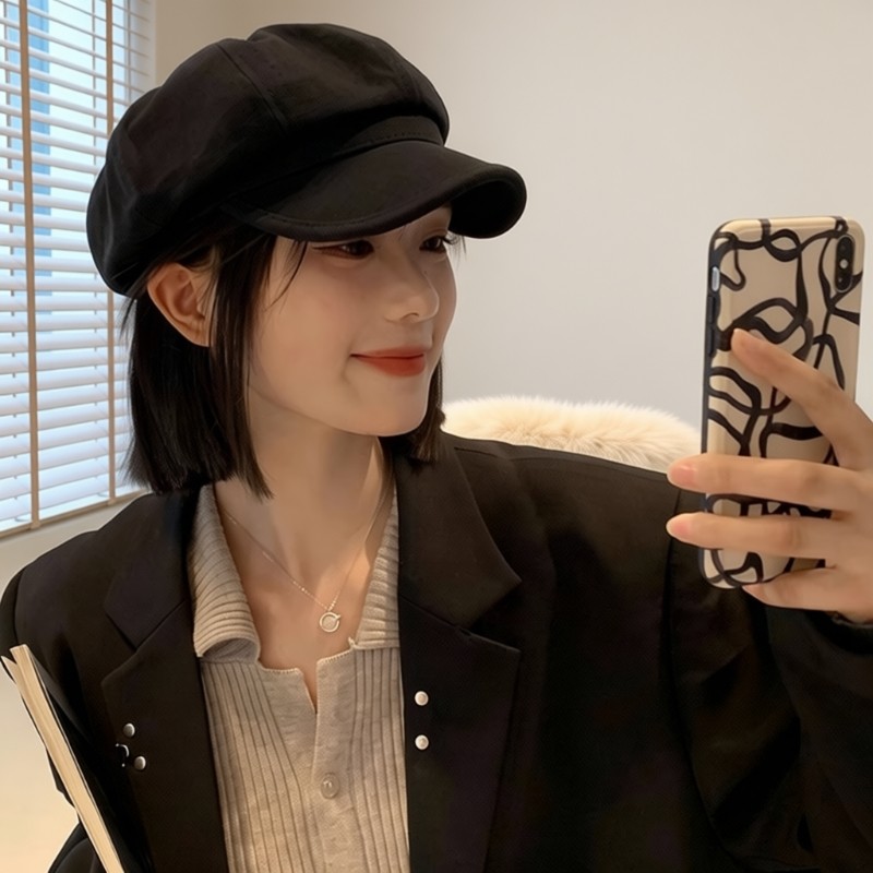 黑色鸭舌帽子贝雷帽女2024秋冬新款报童帽显脸小八角帽大头围画家