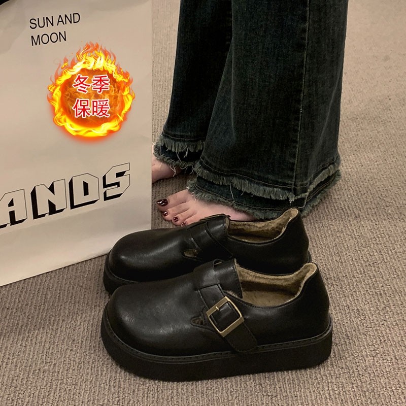 真皮全包乐福鞋女冬季一脚蹬加绒鞋子女保暖二棉鞋孕妇黑色豆豆鞋