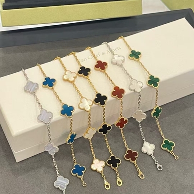 V金四叶草手链天然贝母18k白金款五花手环轻钛钢紫玉髓白贝孔雀石