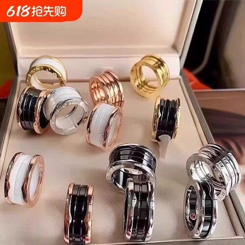 陶瓷小众V金镀18K小蛮腰弹簧戒指女小红人黑白陶瓷男女情侣对戒