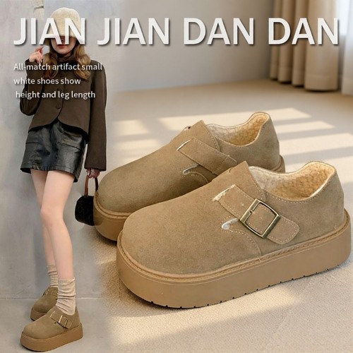 厚底勃肯鞋女2025秋冬新款增高百搭一脚蹬单鞋博肯鞋加绒毛绒驼色